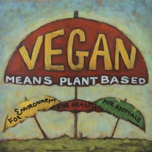 Picture of a large umbrella that has the text "VEGAN MEANS PLANT BASED ON IT'. Below the large umbrella are three smaller umbrellas; one says 'for the environment, one says 'for health' and one says 'for animals'.